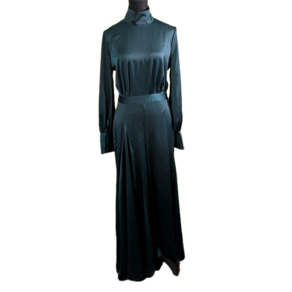AKIRA Emerald Green Satin Jumpsuit Womens Small Wide Leg Mock Neck Dressy